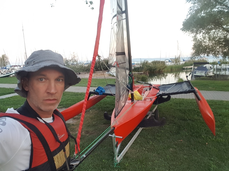 Fully rigged WETA and sleepy me before going on water at 6:15am