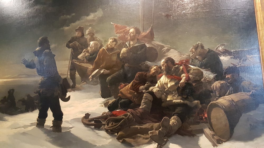 Austrian Polar Expedition led by Carl Weyprecht and Julius Payer. The painting shows the moment where the crew had to abandon their frozen ship - in the background - to get back to main land. 